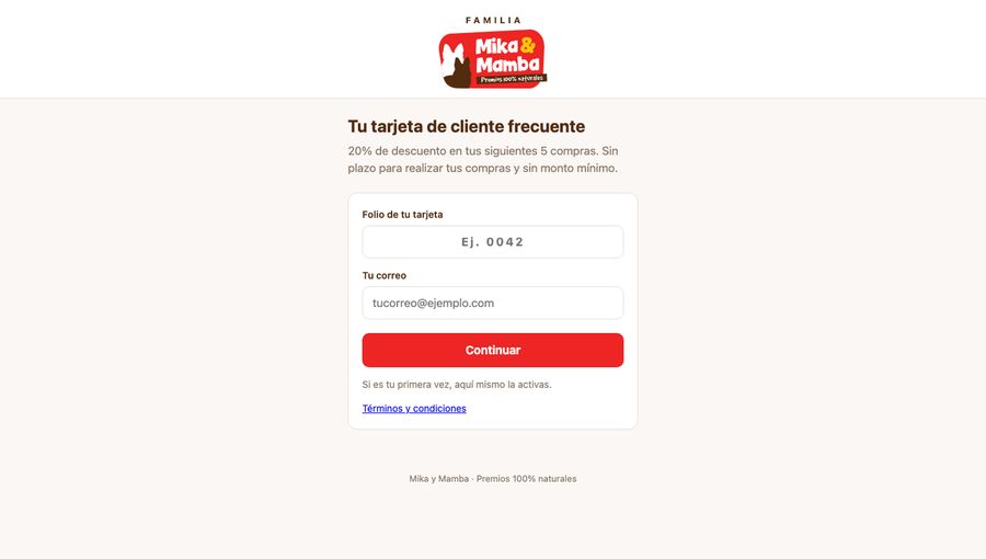 Página para activar la tarjeta Familia Mika y Mamba